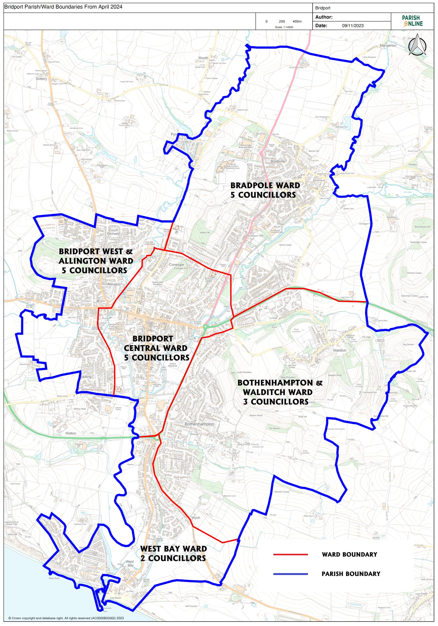 Bridport parish and ward boundaries from April 2024